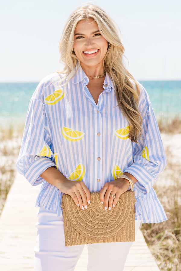 Chic Soul plus size clothing, blue and white stripe button up top with collar detail with yellow lemon designs