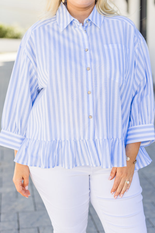 Chic Soul plus size clothing, blue long sleeve striped top that has buttons going down the center of the top as well as ruffle details at the bottom of the shirt and a collar 