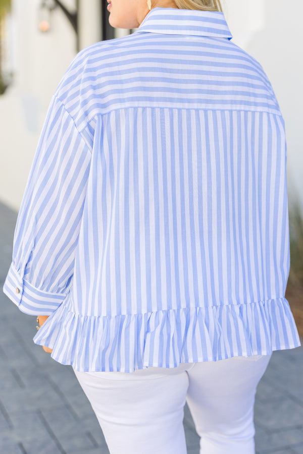Chic Soul plus size clothing, blue long sleeve striped top that has buttons going down the center of the top as well as ruffle details at the bottom of the shirt and a collar 