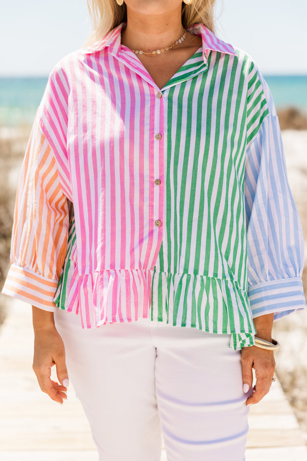 Chic Soul plus size clothing, multi colored stripe design button up top with collar detail with blue on sleeve, orange on sleeve, and pink and green split in the middle