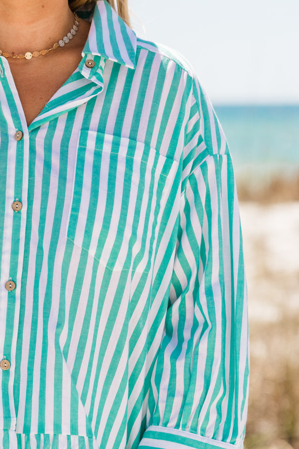 Plus Size turquoise and white striped button-down top with three-quarter sleeves and a ruffle hem.