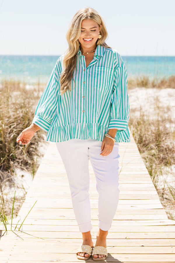 Plus Size turquoise and white striped button-down top with three-quarter sleeves and a ruffle hem.