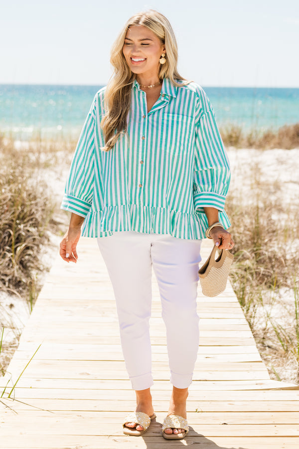 Plus Size turquoise and white striped button-down top with three-quarter sleeves and a ruffle hem.