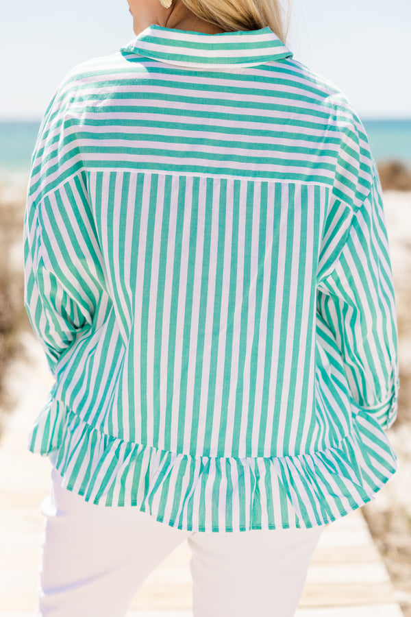 Plus Size turquoise and white striped button-down top with three-quarter sleeves and a ruffle hem.