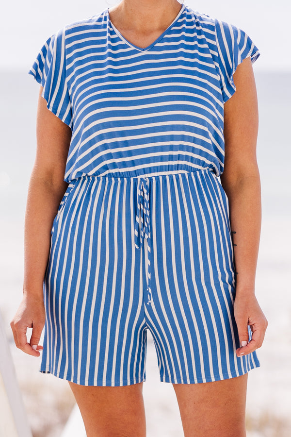 Chic Soul plus size clothing, short sleeve blue and white stripe romper with waist tie and flutter sleeves