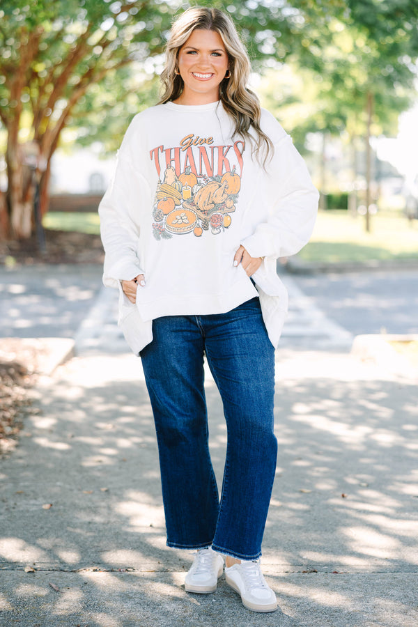 Plus Size ivory oversized crewneck sweatshirt with a vintage Give Thanks graphic and raw-edge 