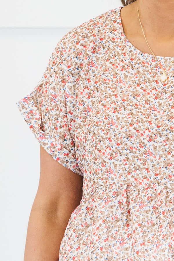 Chic Soul plus size clothing, taupe babydoll top with ditsy floral print