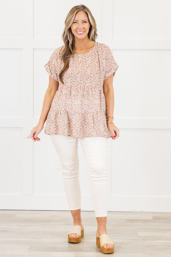 Chic Soul plus size clothing, taupe babydoll top with ditsy floral print