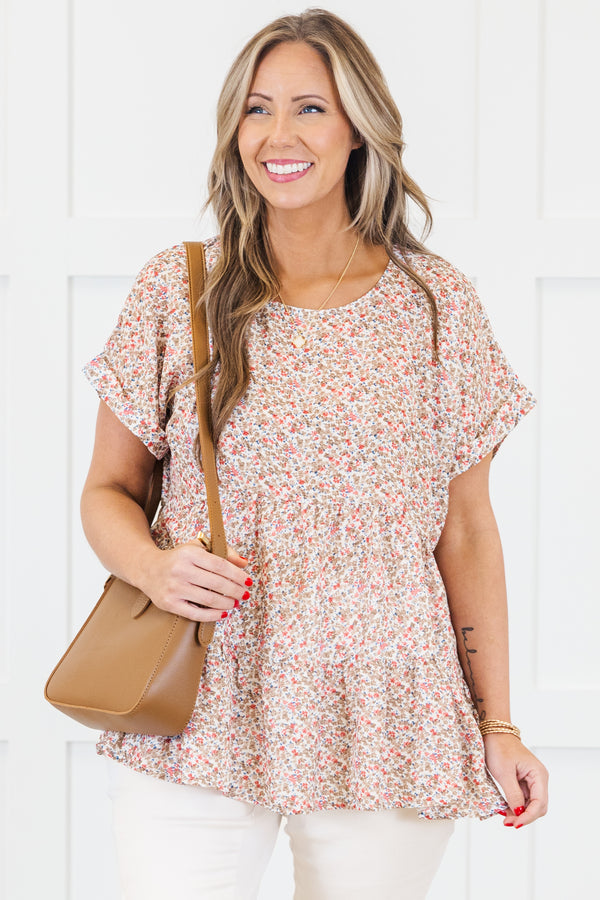 Chic Soul plus size clothing, taupe babydoll top with ditsy floral print
