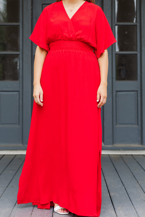 Chic Soul plus size clothing, red short sleeve maxi dress with smocked cinched waist detail with flutter sleeves and v neckline