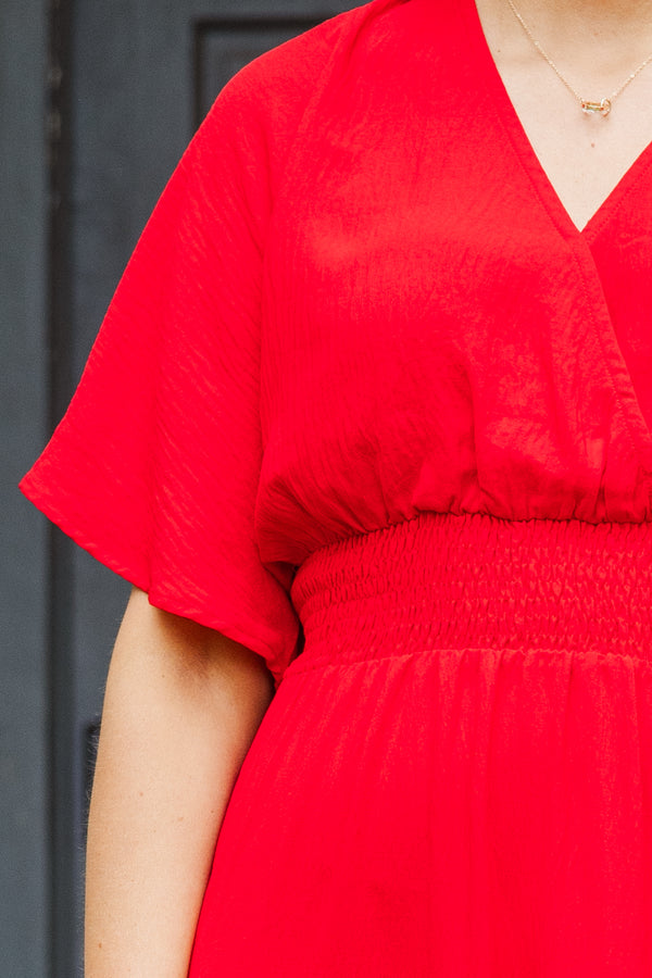 Chic Soul plus size clothing, red short sleeve maxi dress with smocked cinched waist detail with flutter sleeves and v neckline