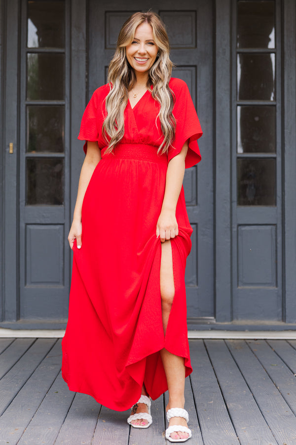 Chic Soul plus size clothing, red short sleeve maxi dress with smocked cinched waist detail with flutter sleeves and v neckline