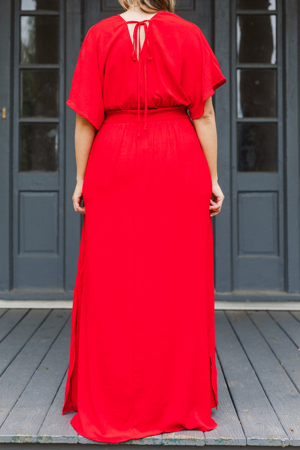 Chic Soul plus size clothing, red short sleeve maxi dress with smocked cinched waist detail with flutter sleeves and v neckline
