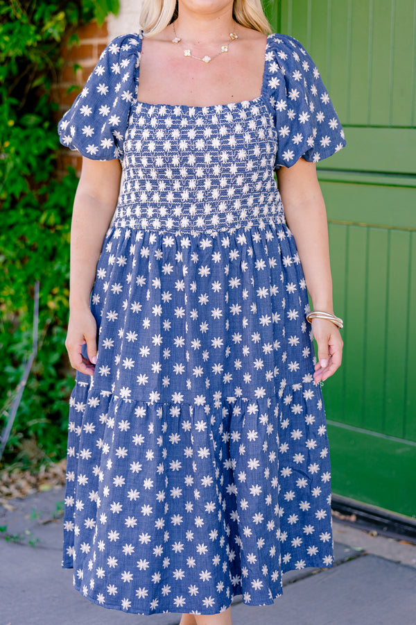 Chic Soul plus size clothing, denim blue short-bubble sleeve square neck midi dress with embroidered white flowers and ruched bodice