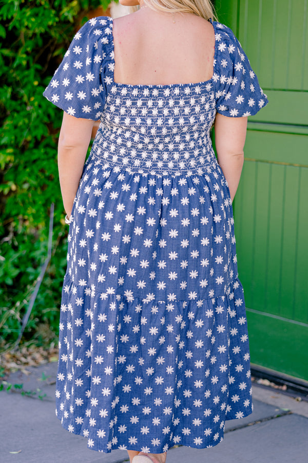 Chic Soul plus size clothing, denim blue short-bubble sleeve square neck midi dress with embroidered white flowers and ruched bodice