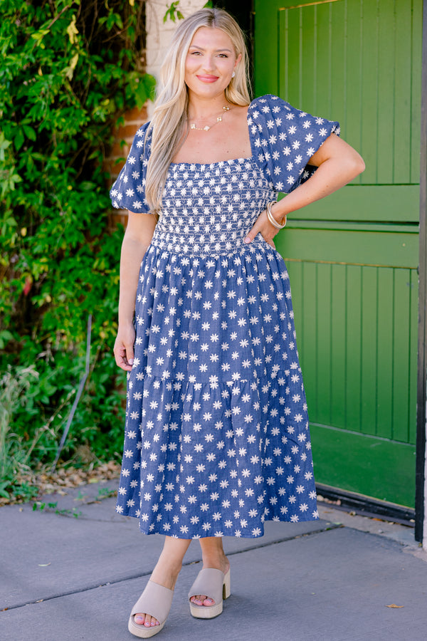 Chic Soul plus size clothing, denim blue short-bubble sleeve square neck midi dress with embroidered white flowers and ruched bodice