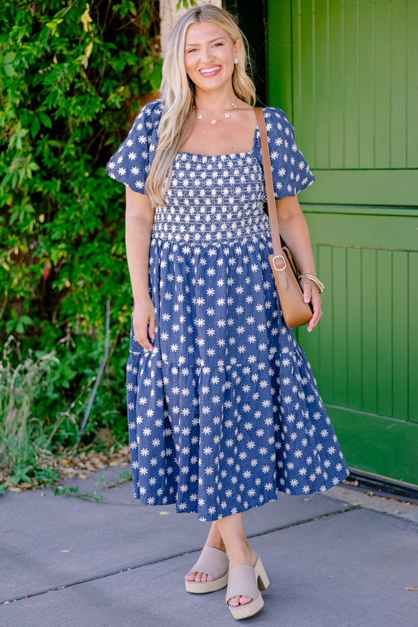Chic Soul plus size clothing, denim blue short-bubble sleeve square neck midi dress with embroidered white flowers and ruched bodice