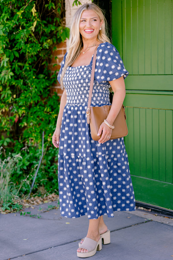 Chic Soul plus size clothing, denim blue short-bubble sleeve square neck midi dress with embroidered white flowers and ruched bodice