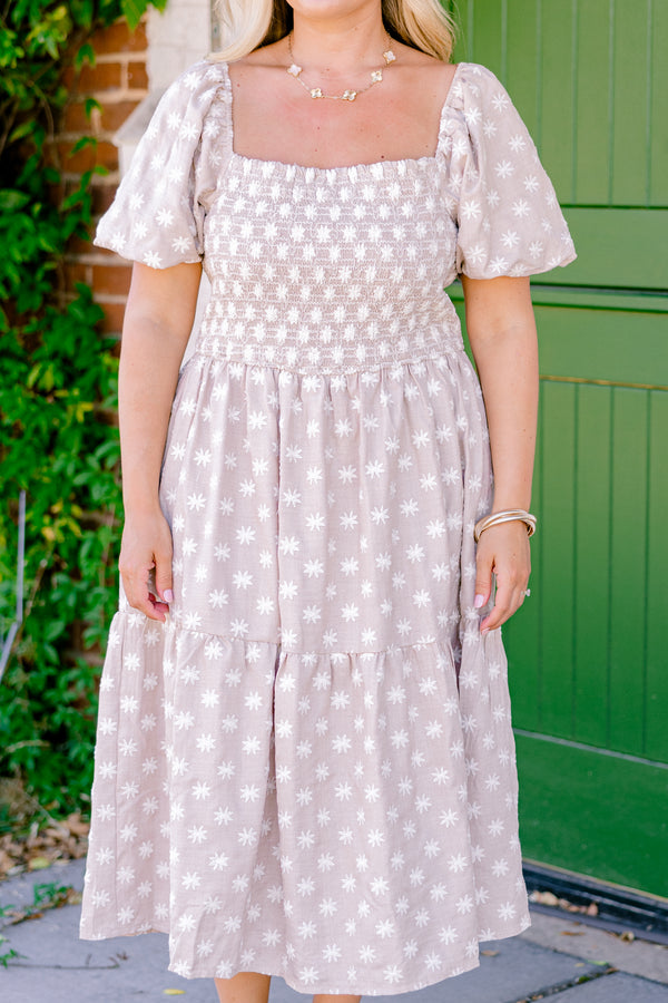 Chic Soul plus size clothing, taupe midi dress with a white floral pattern bubble sleeves and a square neckline 