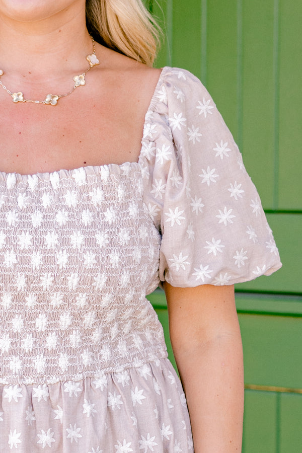 Chic Soul plus size clothing, taupe midi dress with a white floral pattern bubble sleeves and a square neckline 