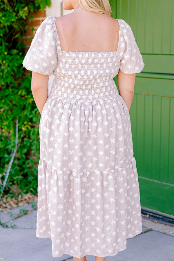 Chic Soul plus size clothing, taupe midi dress with a white floral pattern bubble sleeves and a square neckline 