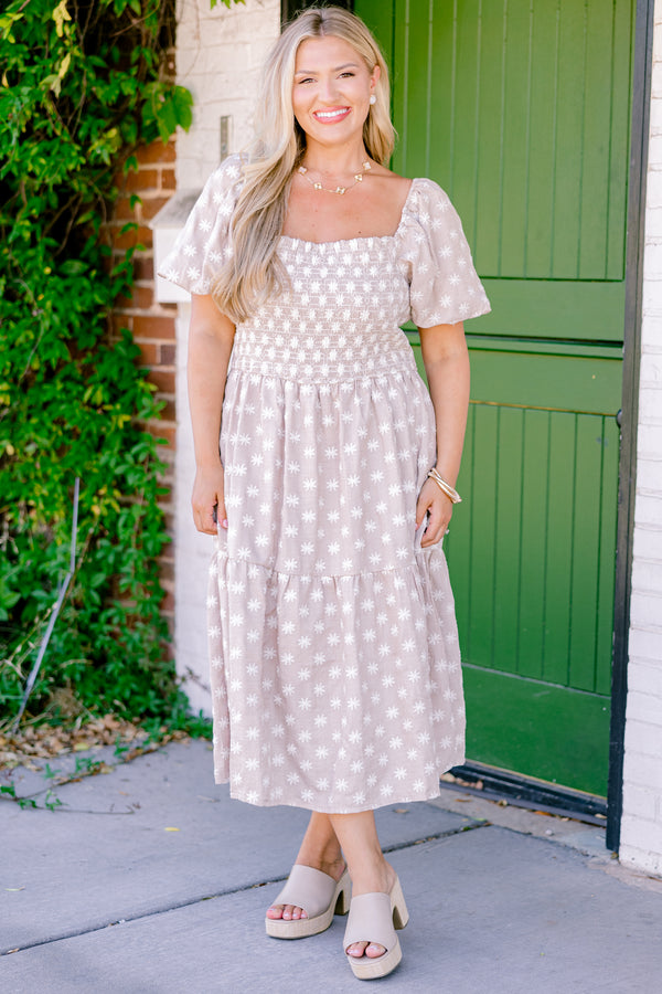 Chic Soul plus size clothing, taupe midi dress with a white floral pattern bubble sleeves and a square neckline 