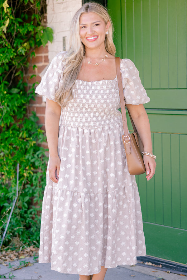 Chic Soul plus size clothing, taupe midi dress with a white floral pattern bubble sleeves and a square neckline 