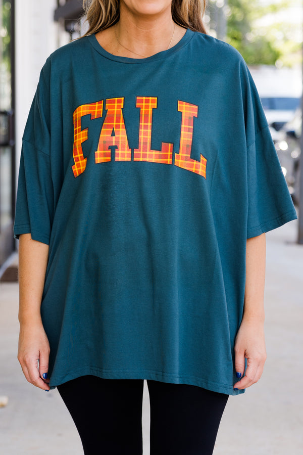 Chic Soul plus size clothing, peacock teal color boyfriend tee with 