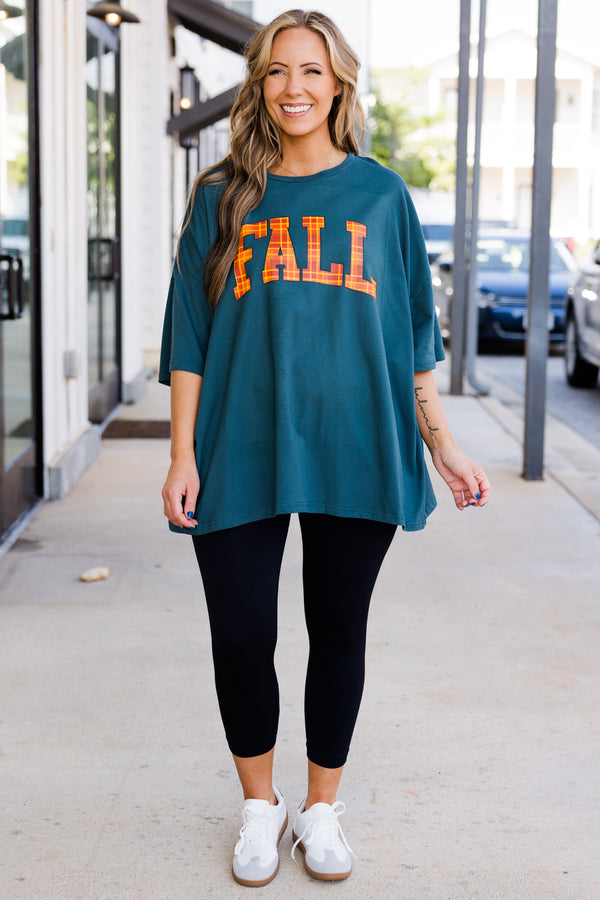 Chic Soul plus size clothing, peacock teal color boyfriend tee with 
