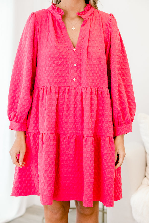 Chic Soul plus size clothing, fuchsia  babydoll dress with geometric textured pattern, and long sleeves, as well as a ruffled collar and V-neckline 
