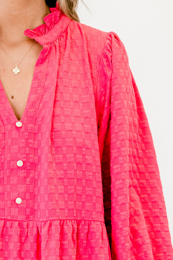 Chic Soul plus size clothing, fuchsia  babydoll dress with geometric textured pattern, and long sleeves, as well as a ruffled collar and V-neckline 