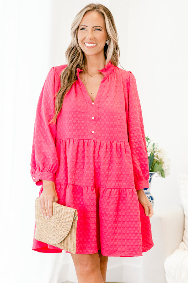 Chic Soul plus size clothing, fuchsia  babydoll dress with geometric textured pattern, and long sleeves, as well as a ruffled collar and V-neckline 