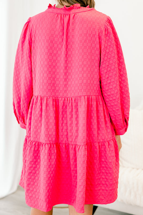Chic Soul plus size clothing, fuchsia  babydoll dress with geometric textured pattern, and long sleeves, as well as a ruffled collar and V-neckline 