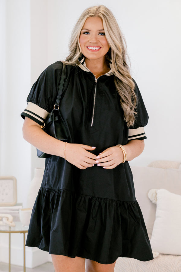 Chic Soul plus size clothing, black dress, short sleeve, midi length, collar, front zipper