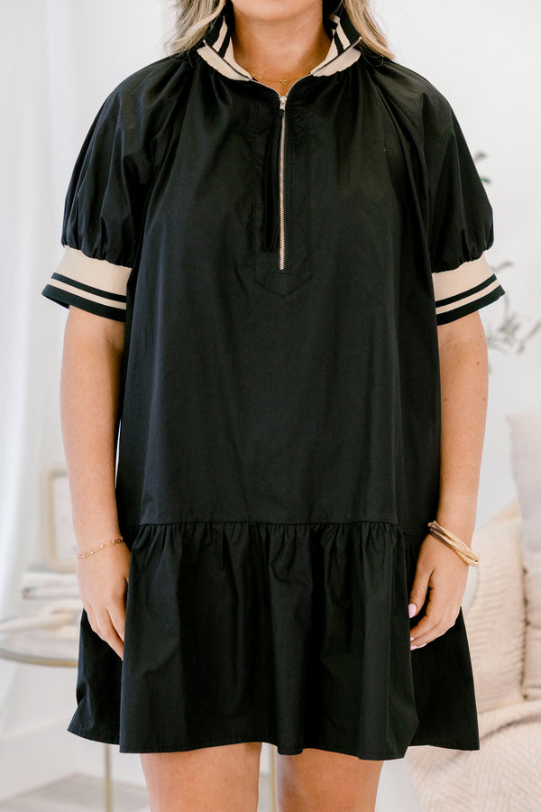 Chic Soul plus size clothing, black dress, short sleeve, midi length, collar, front zipper