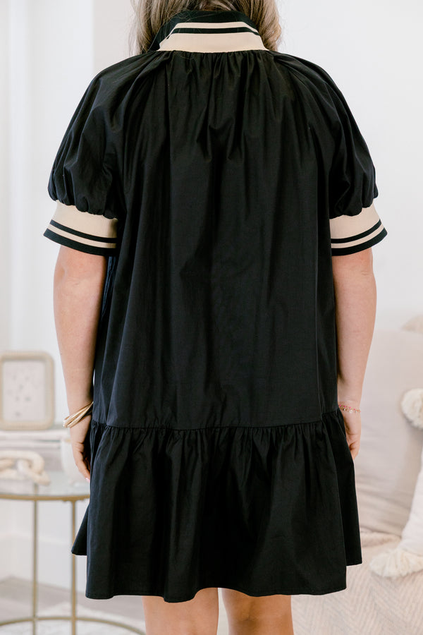 Chic Soul plus size clothing, black dress, short sleeve, midi length, collar, front zipper