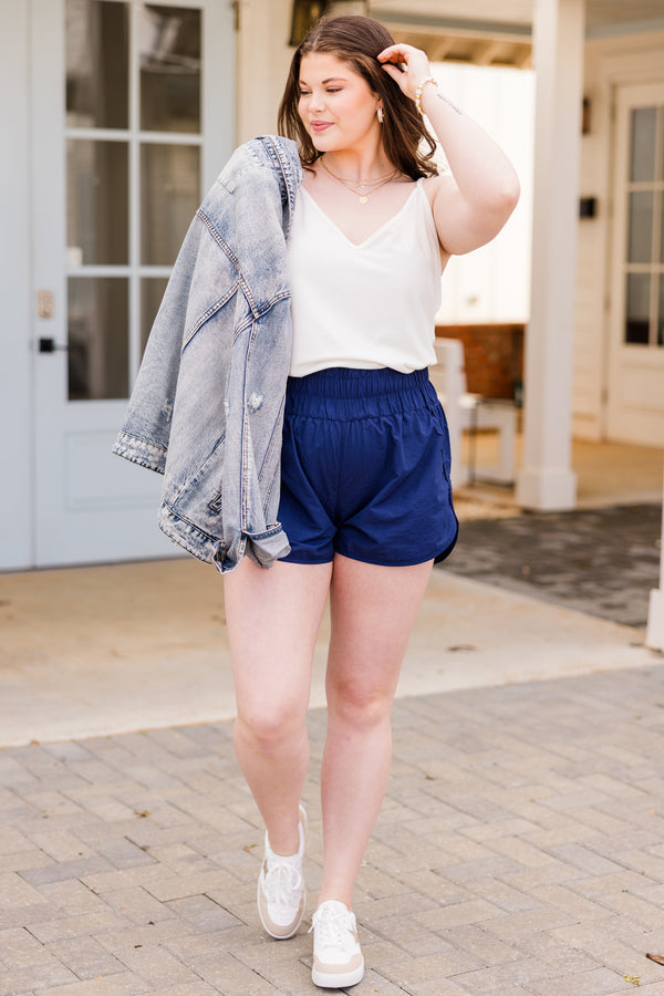 Chic Soul plus size clothing, light navy athletic high-rise shorts with smocked waistband
