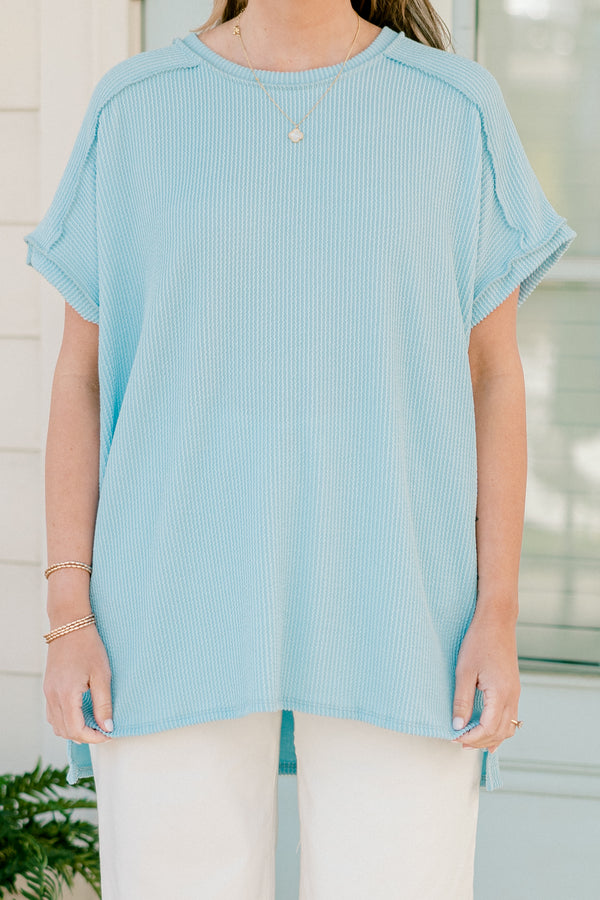 Chic Soul plus size clothing, blue short sleeve ribbed knit top with outer stitching detail and round neckline
