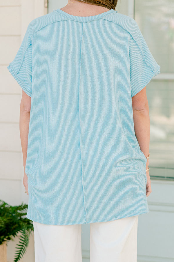 Chic Soul plus size clothing, blue short sleeve ribbed knit top with outer stitching detail and round neckline
