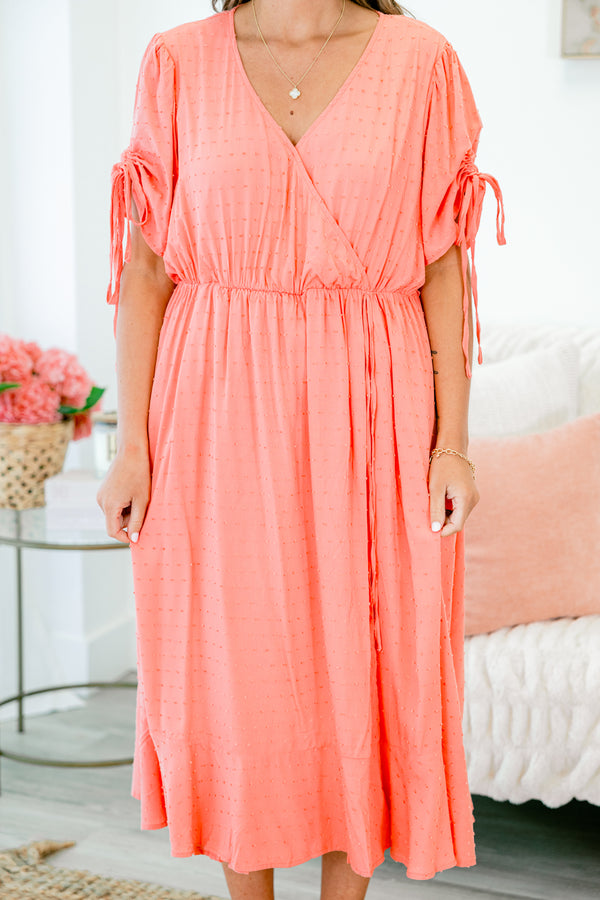 Chic Soul plus size clothing, short sleeve peach midi dress with ruffles and cinched waistline with tie details