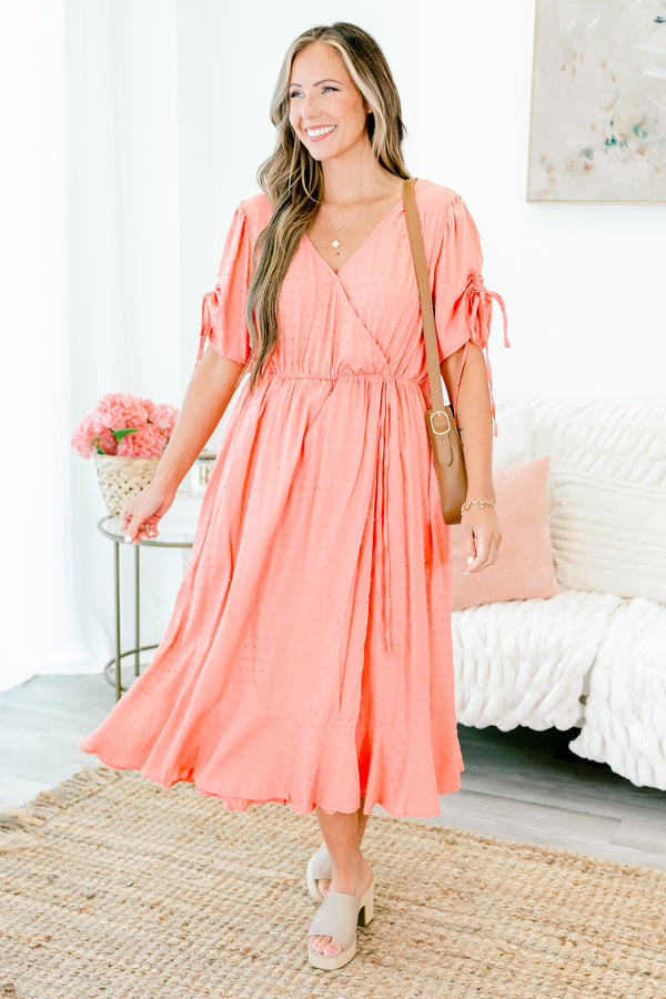 Chic Soul plus size clothing, short sleeve peach midi dress with ruffles and cinched waistline with tie details