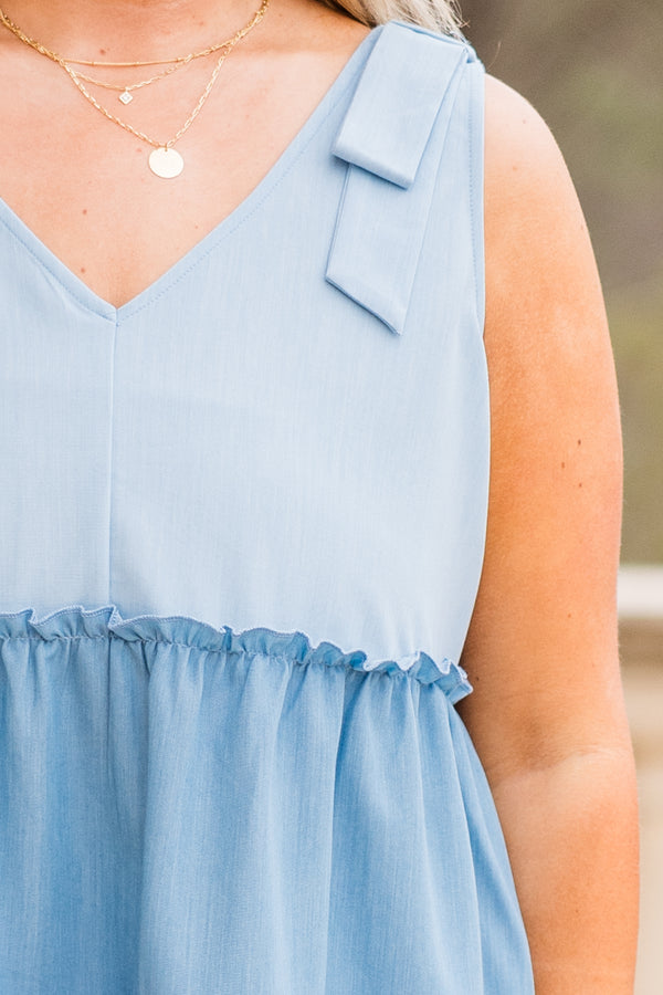 Chic Soul plus size clothing, three tiered denim combo babydoll tank with tie sleeveless straps