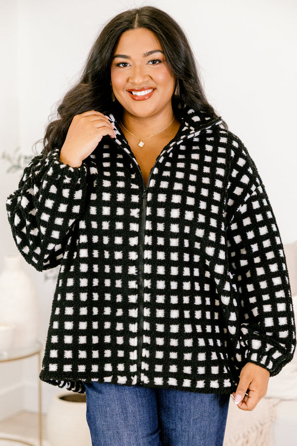 Chic Soul plus size clothing, black and white jacket with full zipper closure