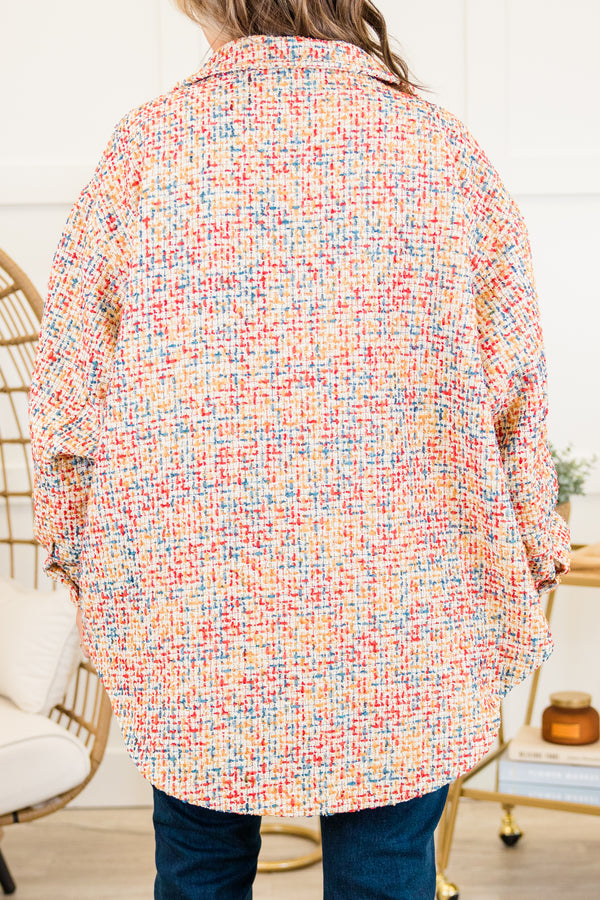 Chic Soul plus size clothing, multicolored long sleeve tweed jacket with button up detail and collar with cuff sleeves and side pockets