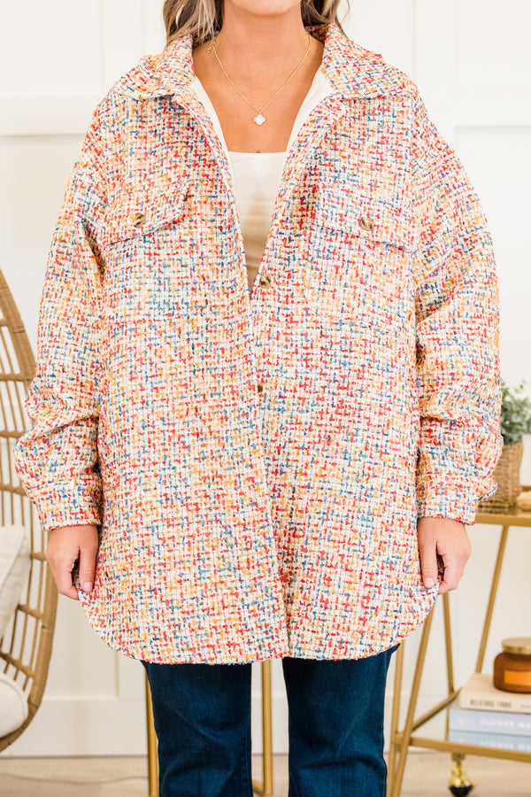 Chic Soul plus size clothing, multicolored long sleeve tweed jacket with button up detail and collar with cuff sleeves and side pockets