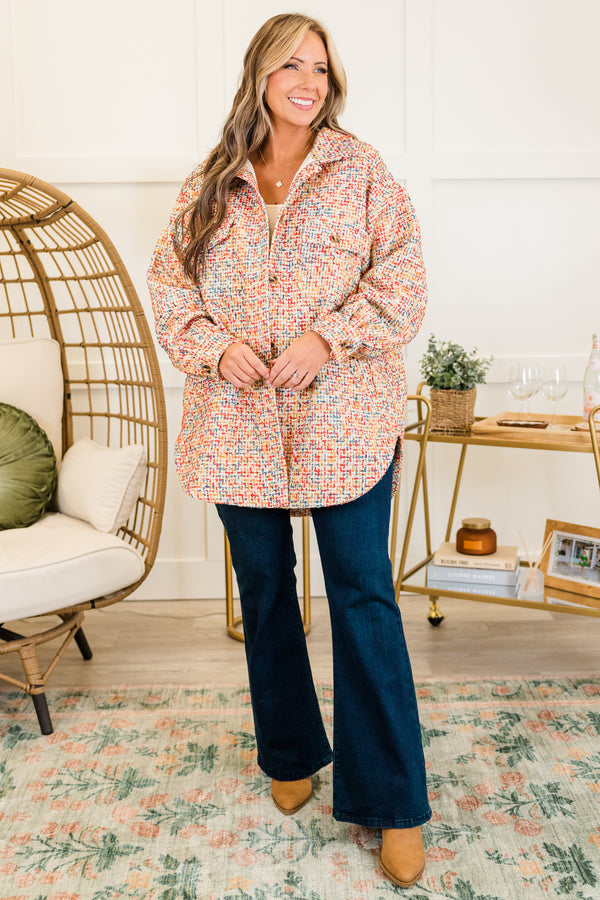 Chic Soul plus size clothing, multicolored long sleeve tweed jacket with button up detail and collar with cuff sleeves and side pockets