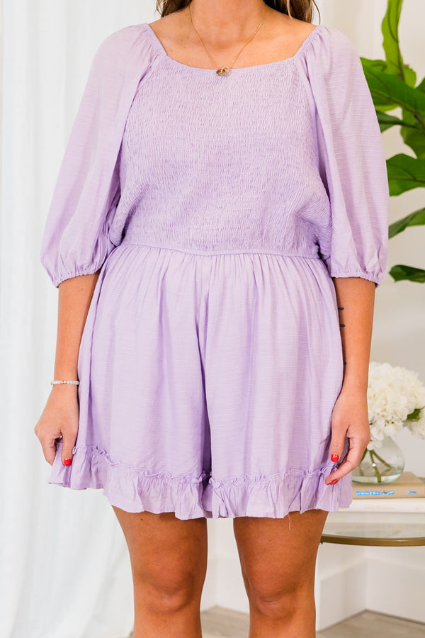 Chic Soul plus size clothing lavender elbow length sleeve romper with ruffle detailing on shorts and smocked top with square neckline