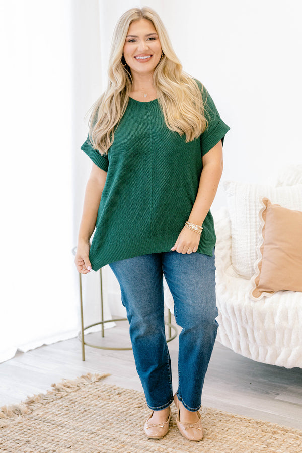 Chic Soul plus size clothing, dark green short cuffed sleeve sweater top