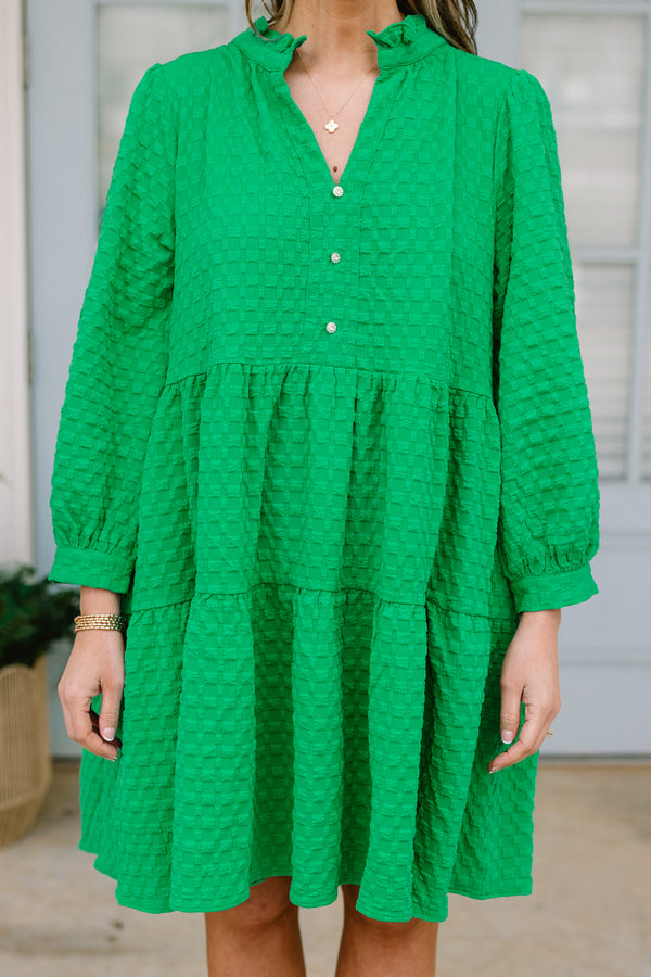 Chic Soul plus size clothing, green flowy babydoll dress with textured pattern and long bubble sleeves