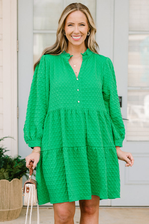Chic Soul plus size clothing, green flowy babydoll dress with textured pattern and long bubble sleeves